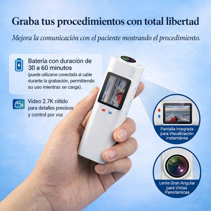 [locale:es] Graba tus procedimientos con total libertad — batería 30-60 min, vídeo 2.7K, pantalla integrada y lente gran angular